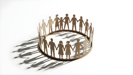 Paper cutouts of a diverse group of people holding hands in a circle, representing unity and community
