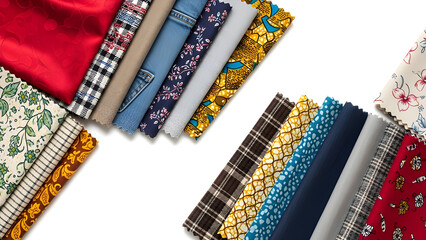 A collection of various fabric samples arranged neatly, showcasing diverse textures and patterns