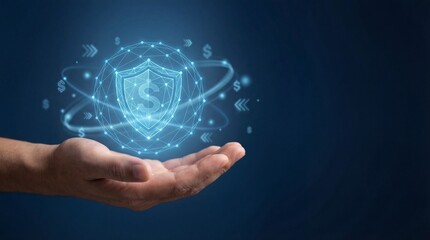 Hand holding AI shield icon, representing artificial intelligence security, data protection, machine learning defense, cybersecurity integration, and smart technology safety 