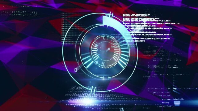 Animation of processing circle over data on violet, red and black background