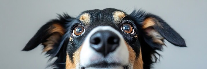 Soulful gaze of a black, white, and brown Australian mini shepherd on a cloudy summer day.