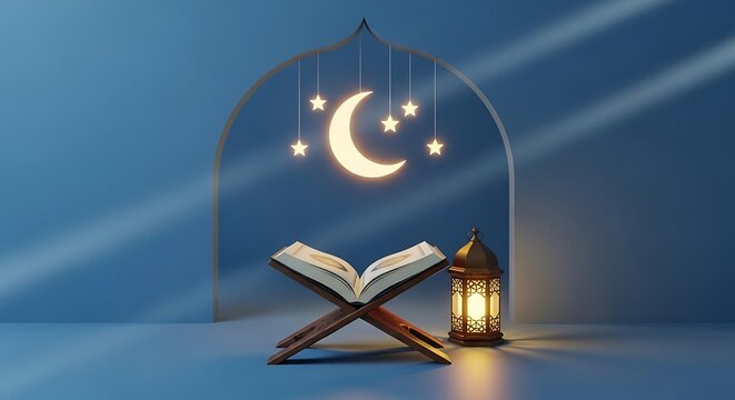 Open quran with hanging moon and stars