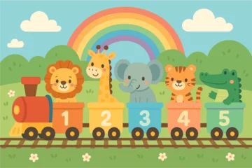 Fotobehang Regenboog Cute cartoon animals on rainbow train journey in vibrant playground adventure scene  © Evi