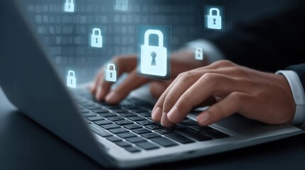 Professional Business Environment Featuring Hands Typing on Keyboard with Digital Security Icons Floating Above