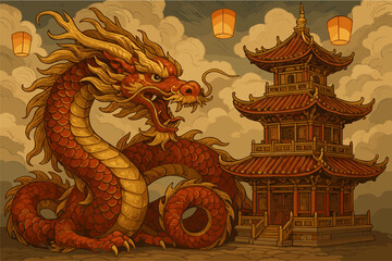 Fototapeta premium Mystical red dragon guards traditional asian temple under lantern-lit sky