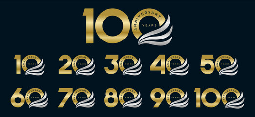 Set of modern vector logo designs for 10th to 100th anniversary with wing, in gold color for celebrations, weddings and birthdays