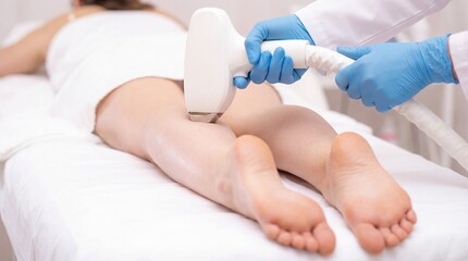 Naklejka premium Woman receiving laser hair removal treatment on her leg at the salon
