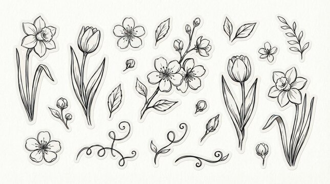 hand-drawn spring flowers and blossoms set outline elements set created for planners scrapbooking and journaling isolated on white background