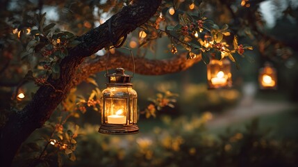 Warm candle lanterns hanging from a tree branch, illuminating an enchanting night garden scene and creating a romantic, cozy, and festive atmosphere outdoors