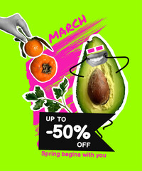 A modern sale collage featuring a cute avocado, persimmon, and tangerine on a green background.Women's Day, March 8.