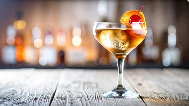 A cocktail in a glass with ice and garnish sits on wood. Blurry bar in the background