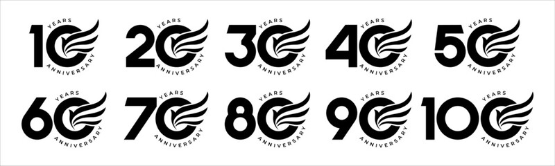 Set of modern vector logo designs for 10th to 100th anniversary with wing, in black color for celebrations, weddings and birthdays