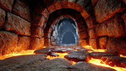 Fototapeta premium Stone dungeon tunnel with flowing lava illuminated by fiery light