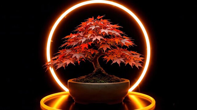 Red maple bonsai tree surrounded by an orange neon ring light on a black background.