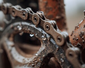 Mountain biking drivetrain covered in mud and water drops, showing wet bicycle chain and gear during an outdoor cycling adventure in challenging weather conditions
