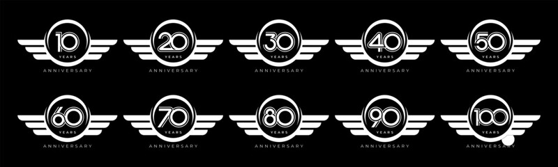 Set of modern vector logo designs for 10th to 100th anniversary with wing, in white color for celebrations, weddings and birthdays