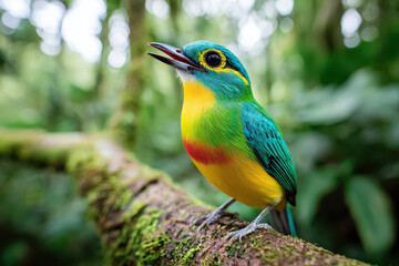 Fototapeta premium Bright tropical bird perched on mossy branch in lush forest environment