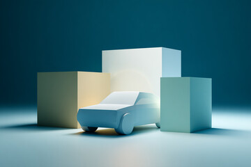 Modern white car silhouette model illuminated by bright light between teal and yellow architectural 3D cubes.
