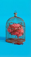 Brain trapped in rusty cage with barbed wire on a bright blue background