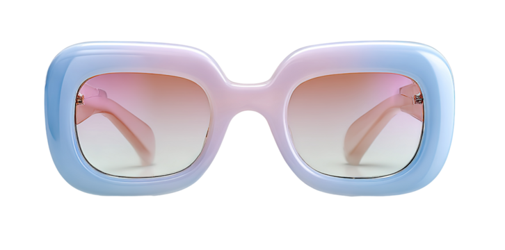 This design features bubble-style sunglasses with a soft puffy frame in pastel colors. The transparent background highlights the unique shape and style of the sunglasses - Powered by Adobe