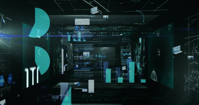 Animation of diverse graphs and data moving in black space