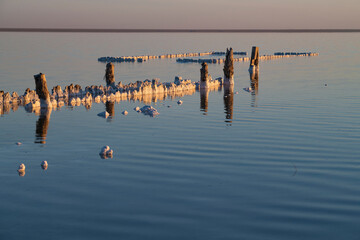 View of the old baths on the salt lake Elton on a May evening. Volgograd region, Russia