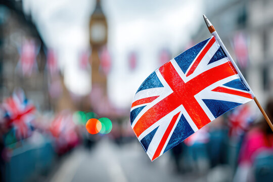 British flag waving prominently with the iconic landmark Big Ben in background