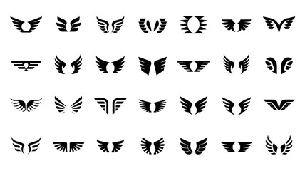 Set of black and white icons featuring vector tattoo symbols and tribal art illustrations with lion, skull, and floral nature elements like leaves and wings for decorative sign design