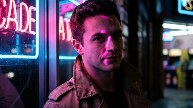 trench coat guy - A young man leans against a neon-lit arcade entrance at night, showcasing a stylish trench coat, captured in vivid colors that highlight a vibrant urban atmosphere