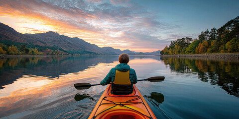 Person kayaking at sunrise on a serene lake surrounded by mountains