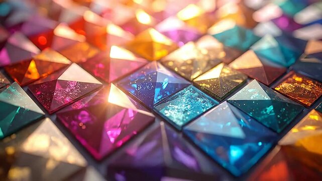 Close-Up of Assorted Colored Gemstones arranged with Vibrant Light and Geometric Shapes