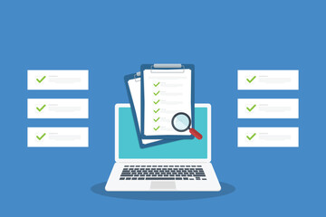 Document inspection. Online digital document inspection or assessment evaluation on laptop computer, contract review, analysis, inspection of agreement contract, compliance verification.	