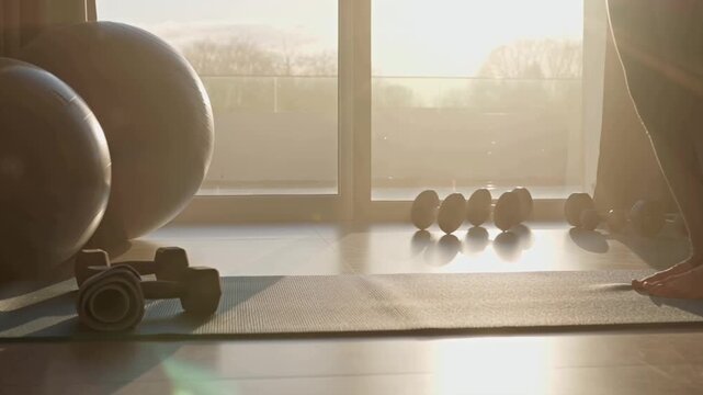 Cinematic 4K video, minimal home workout setup yoga mat, dumbbells, fitness ball morning sunlight streaming window blinds, dust particles in air, hands picking up dumbbells, rolling out yoga mat, pers