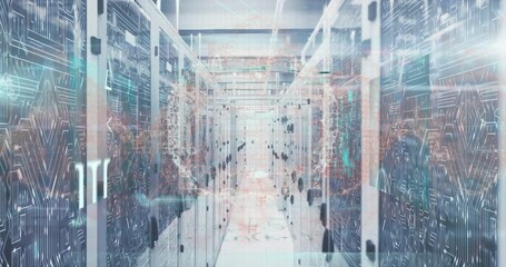 Animation of human brain spinning and microprocessor connections over computer server room - Powered by Adobe