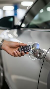 Woman unlocking her car key car vehicle automobile transport security transportation electronic unlock lock buy driver keys