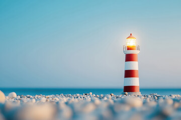 Lighthouse with bright lantern on rocky coast during calm twilight