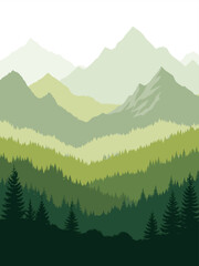 Fototapeta premium Vibrant green mountain layers vector illustration with pine trees in the foreground, a beautiful natural landscape scene