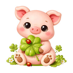 Niedliche Illustration eines rosafarbenen Schweinchens im Marzipan-Stil, das sitzend ein gr&uuml;nes vierbl&auml;ttriges Kleeblatt h&auml;lt. Das Schwein wirkt weich, rundlich und detailreich modelliert