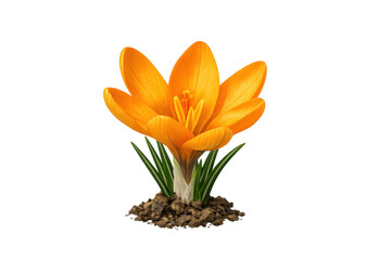 Orange crocus flower blooming from soil, signifying spring awakening and new growth on transparent background