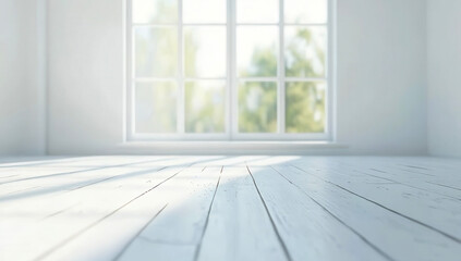 Bright minimalistic interior with sunlight streaming through a large window