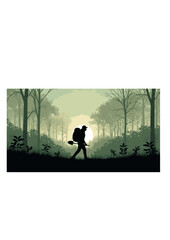 Fototapeta premium Reforestation Hiker Silhouette, Person with Seed Launcher Drone Technology, Urban Rewilding and Conservation Activism Vector Art