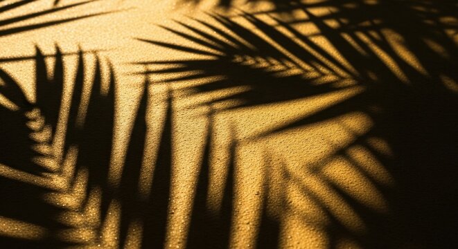 Palm leaf shadows cast on a textured golden surface with water droplets.