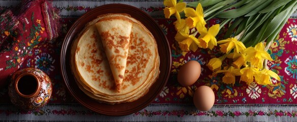 Obraz premium Maslenitsa festivities include delicious pancakes and lively springtime traditions