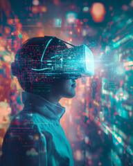 Future poster human augmented by AI, person wearing VR glasses