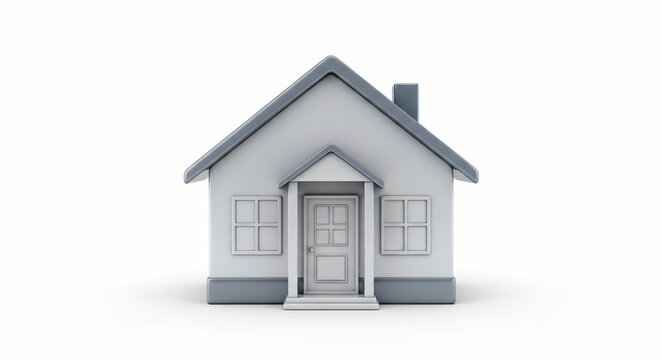 A 3D rendering of a small white house with gray trim and a door, front view, isolated on a plain background