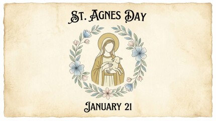 a decorative banner template for st agnes day showcases a minimalist figure with a halo surrounded by delicate flowers on a textured paper-like backdrop