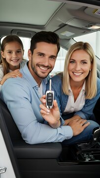 Caucasian couple man woman girl guy female male family hugging cuddling happy smiling looking at camera celebrate buying own vehicle transport holding key in new car buying auto inside automobile key 
