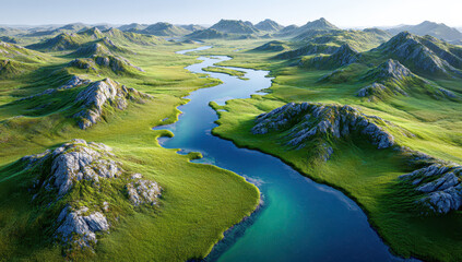 Scenic aerial view of lush valley with winding river and green hills
