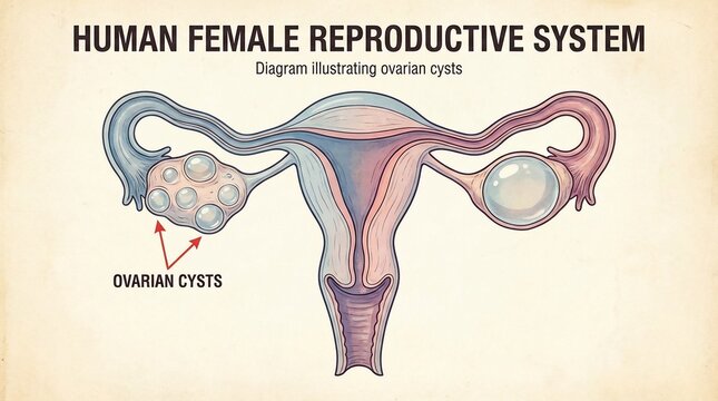 Medical Illustration Of Human Female Reproductive System Showing Ovarian Cysts