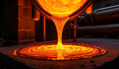 Molten Metal Pouring from Crucible into Circular Mold in Industrial Foundry at Night.